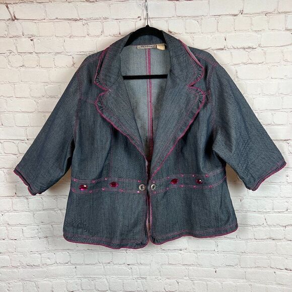 MOLATO denim blue-black pink crystal frill collar jacket blazer open front 2X - Picture 1 of 6